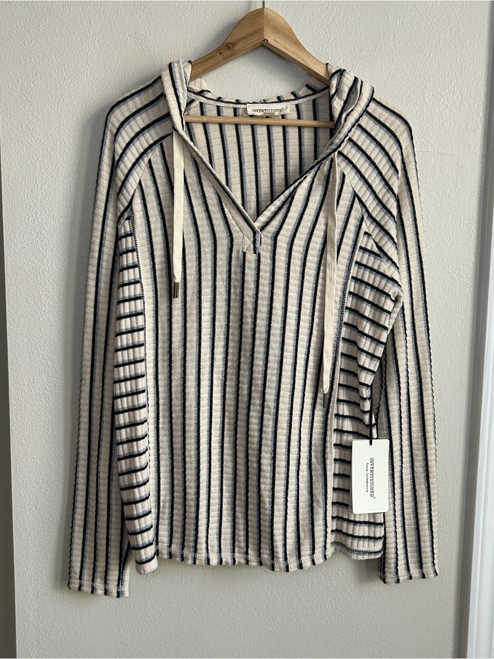 NWT Coverstitched Super Soft Oversized Cream Black Blue Striped Hoodie Size S